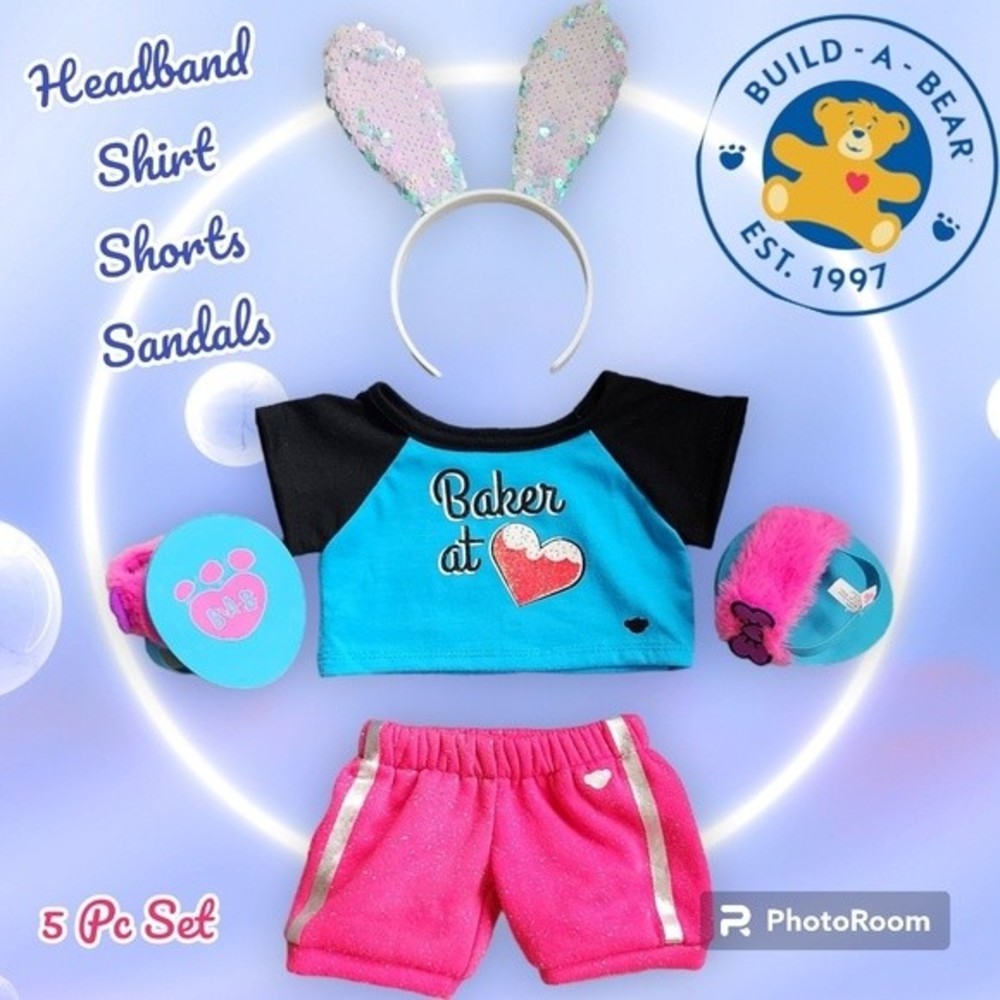 Build-A-Bear Baker Shirt Hot Pink Shorts Bunny Ear Headband & Fluffy Bow Sandals